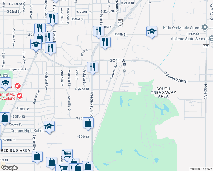 map of restaurants, bars, coffee shops, grocery stores, and more near 3118 Waverly Avenue in Abilene