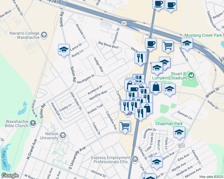 map of restaurants, bars, coffee shops, grocery stores, and more near 820 Nandina Way in Waxahachie