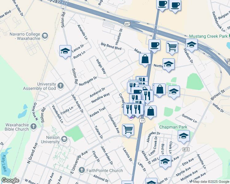 map of restaurants, bars, coffee shops, grocery stores, and more near 691 Cornell Lane in Waxahachie