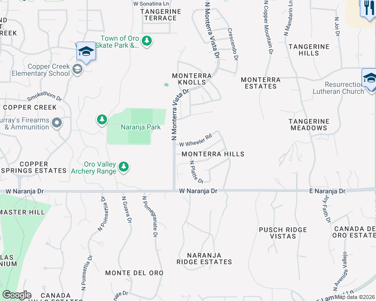 map of restaurants, bars, coffee shops, grocery stores, and more near 490 West Spearhead Road in Tucson