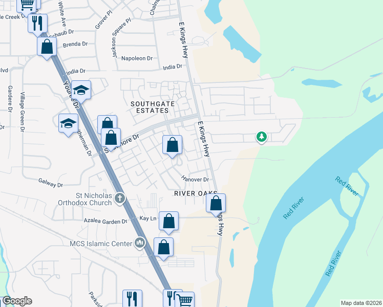 map of restaurants, bars, coffee shops, grocery stores, and more near 10106 Salinas Drive in Shreveport