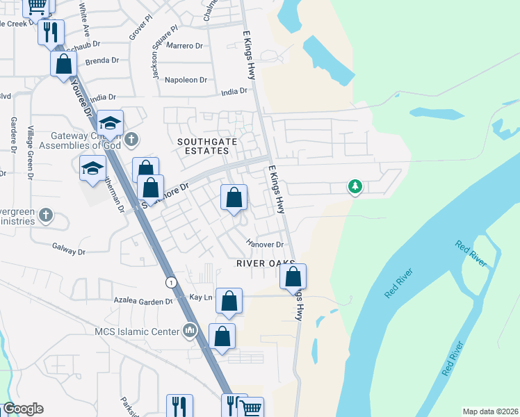 map of restaurants, bars, coffee shops, grocery stores, and more near 10106 Salinas Drive in Shreveport