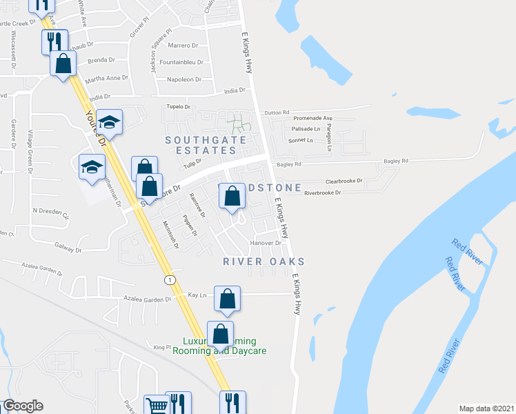 map of restaurants, bars, coffee shops, grocery stores, and more near 107 Malibu Drive in Shreveport