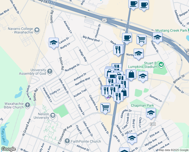 map of restaurants, bars, coffee shops, grocery stores, and more near 691 Cornell Lane in Waxahachie