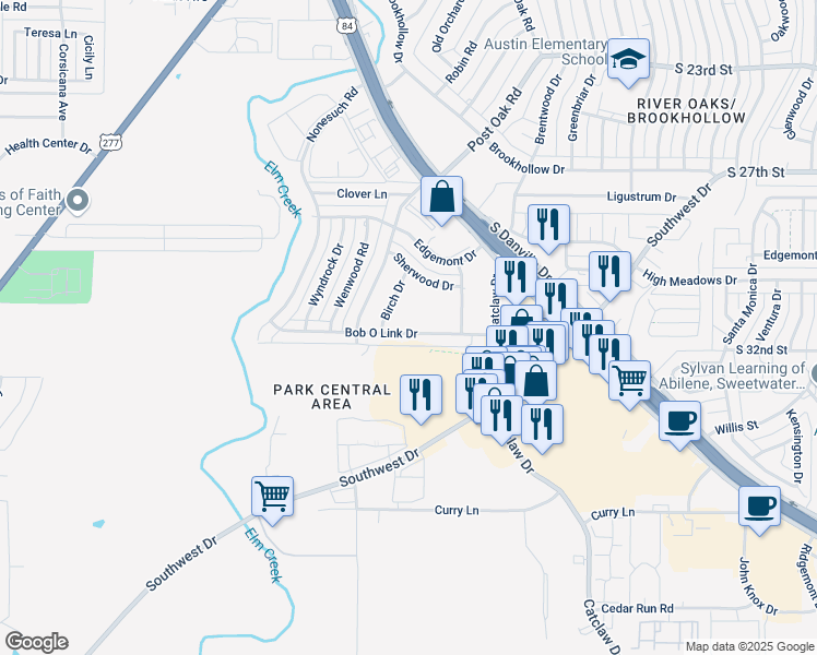 map of restaurants, bars, coffee shops, grocery stores, and more near 4417 Bob O Link Drive in Abilene