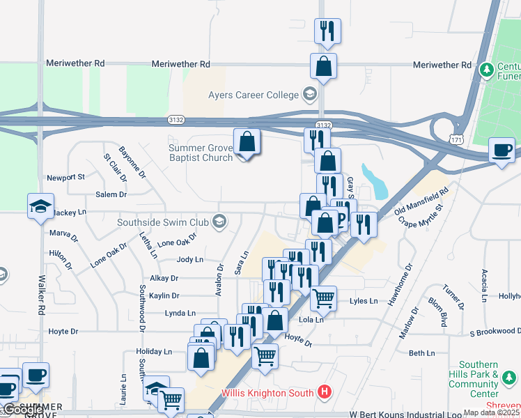 map of restaurants, bars, coffee shops, grocery stores, and more near 2758 Mackey Lane in Shreveport