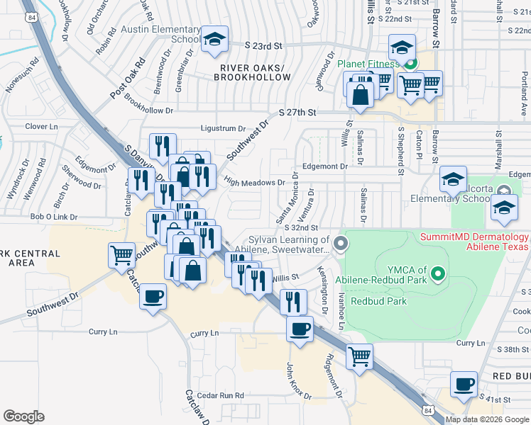 map of restaurants, bars, coffee shops, grocery stores, and more near 3018 Ricsan Road in Abilene