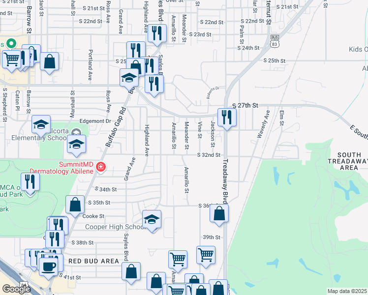 map of restaurants, bars, coffee shops, grocery stores, and more near 3118 Meander Street in Abilene