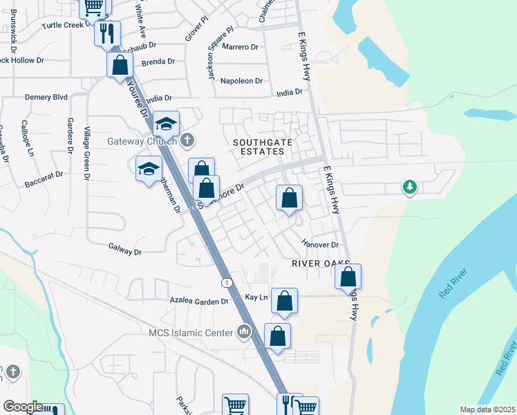 map of restaurants, bars, coffee shops, grocery stores, and more near 10023 Raintree Drive in Shreveport