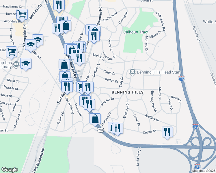 map of restaurants, bars, coffee shops, grocery stores, and more near 38 Patton Drive in Columbus