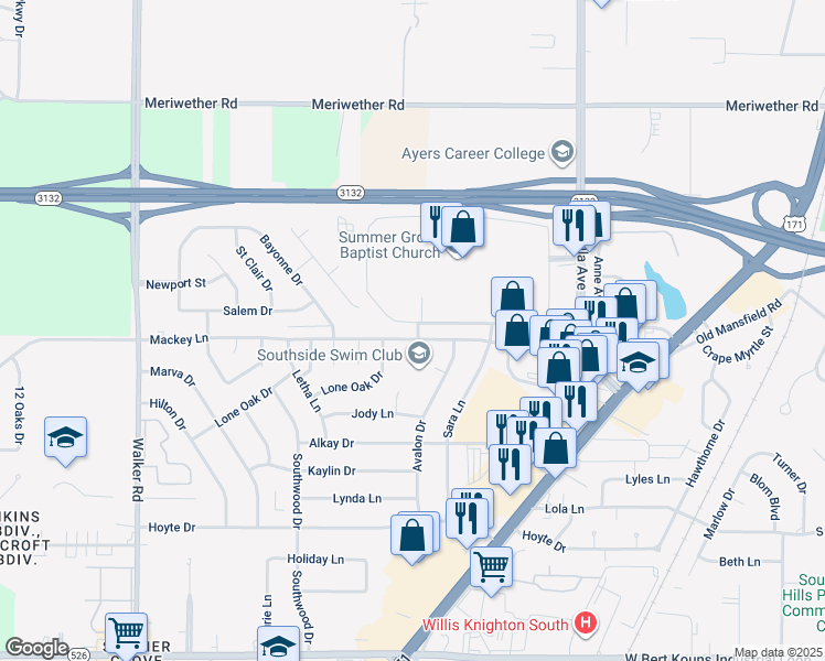map of restaurants, bars, coffee shops, grocery stores, and more near 2826 Mackey Lane in Shreveport