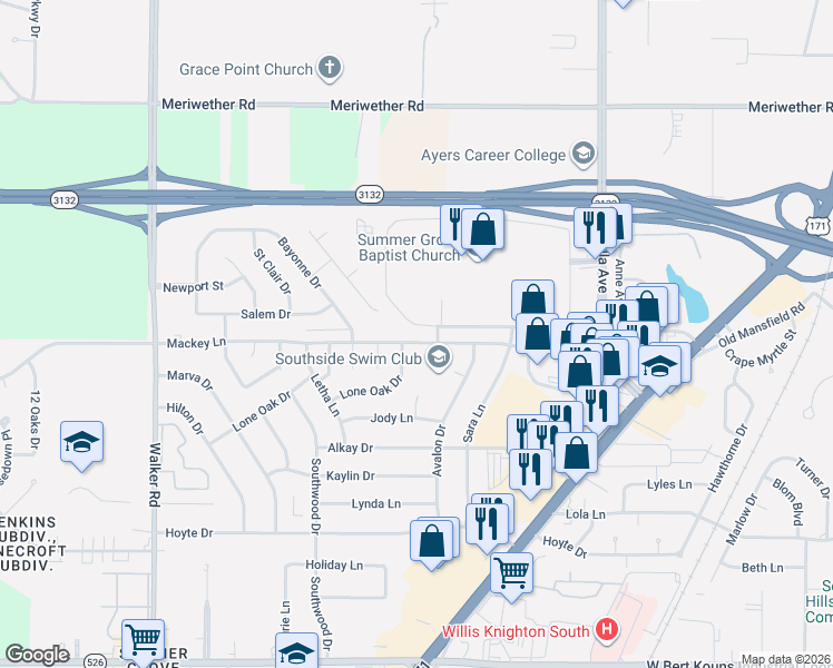 map of restaurants, bars, coffee shops, grocery stores, and more near 2826 Mackey Lane in Shreveport