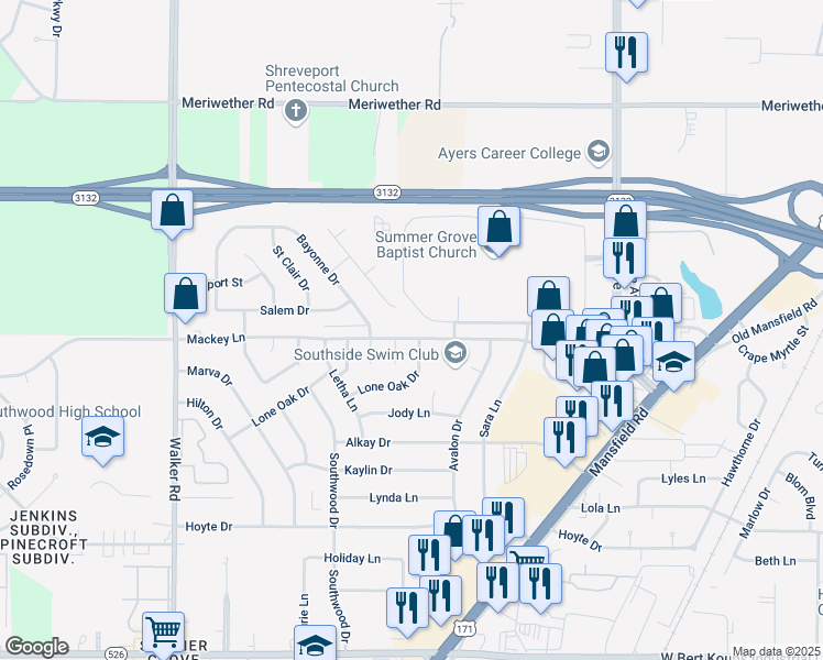 map of restaurants, bars, coffee shops, grocery stores, and more near 2870 Mackey Lane in Shreveport