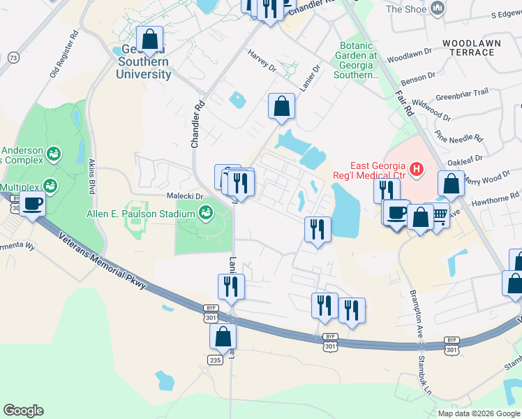 map of restaurants, bars, coffee shops, grocery stores, and more near 140 Lanier Drive in Statesboro