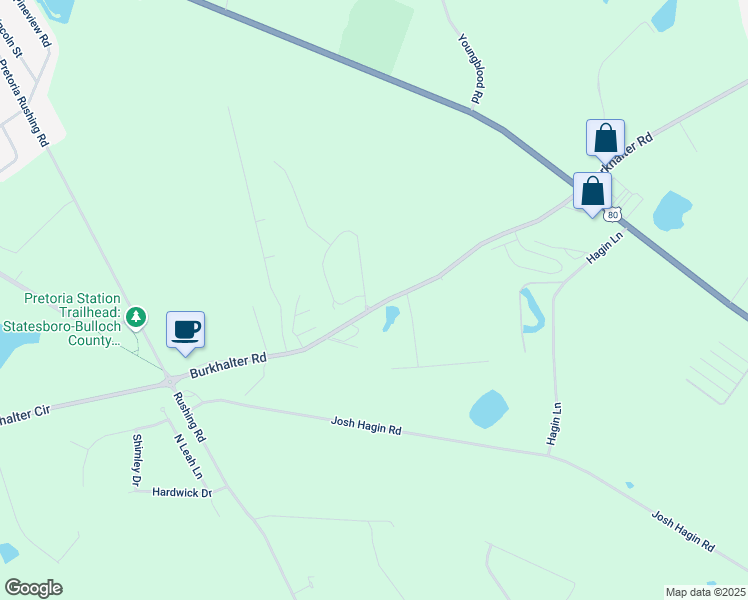 map of restaurants, bars, coffee shops, grocery stores, and more near 500 Whistlestop Circle in Statesboro