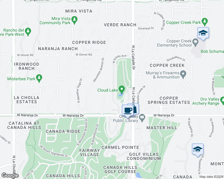 map of restaurants, bars, coffee shops, grocery stores, and more near 11371 North Scioto Avenue in Tucson