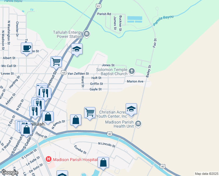 map of restaurants, bars, coffee shops, grocery stores, and more near 901-913 Griffin St in Tallulah