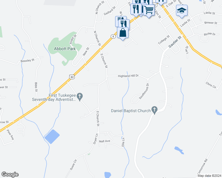map of restaurants, bars, coffee shops, grocery stores, and more near 503 McMillan Street in Tuskegee