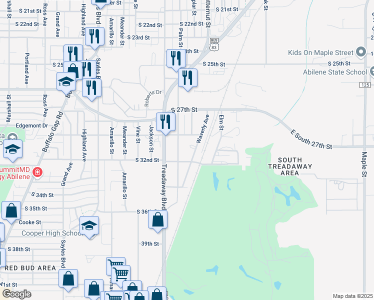 map of restaurants, bars, coffee shops, grocery stores, and more near 3009 Palm Street in Abilene