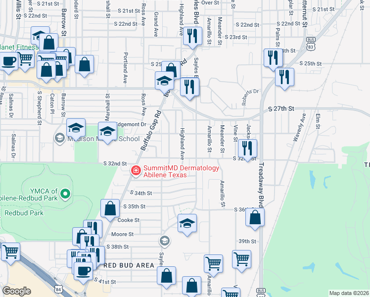 map of restaurants, bars, coffee shops, grocery stores, and more near 3101 Highland Avenue in Abilene