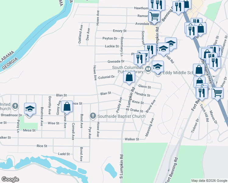 map of restaurants, bars, coffee shops, grocery stores, and more near 3053 Blan Street in Columbus