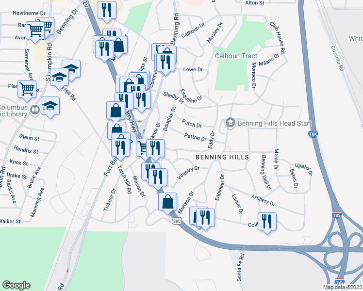 map of restaurants, bars, coffee shops, grocery stores, and more near 25 Eddy Drive in Columbus