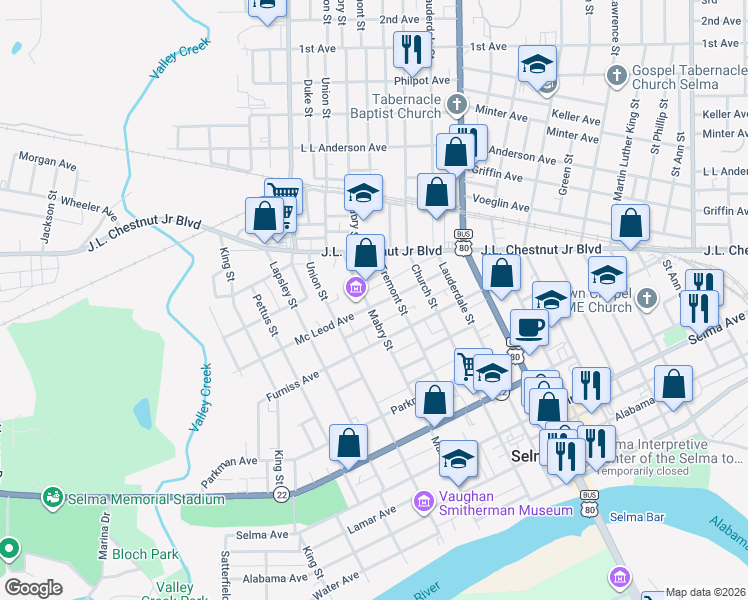 map of restaurants, bars, coffee shops, grocery stores, and more near 720 Mabry St in Selma