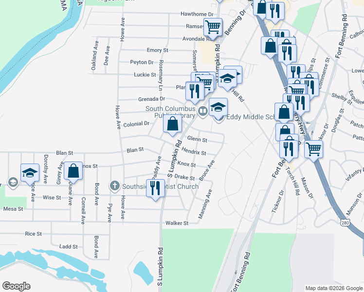 map of restaurants, bars, coffee shops, grocery stores, and more near 2125 South Lumpkin Road in Columbus