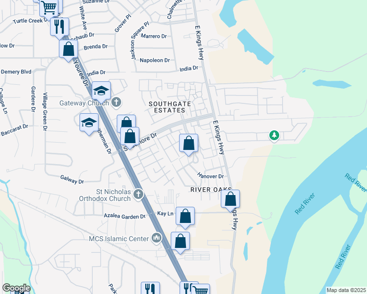 map of restaurants, bars, coffee shops, grocery stores, and more near 10060 Heritage Drive in Shreveport