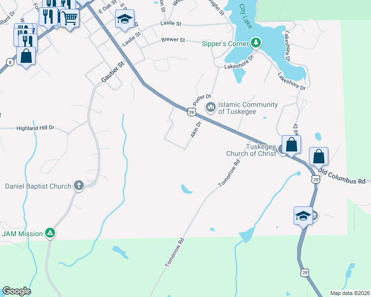map of restaurants, bars, coffee shops, grocery stores, and more near 100 Akin Drive in Tuskegee