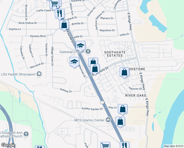 map of restaurants, bars, coffee shops, grocery stores, and more near 9699 Pugh Avenue in Shreveport