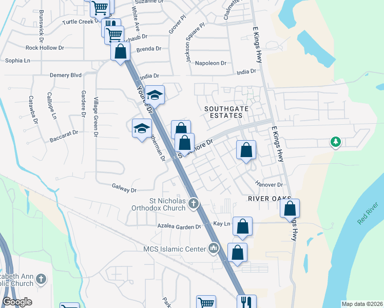 map of restaurants, bars, coffee shops, grocery stores, and more near 521 Stratmore Drive in Shreveport