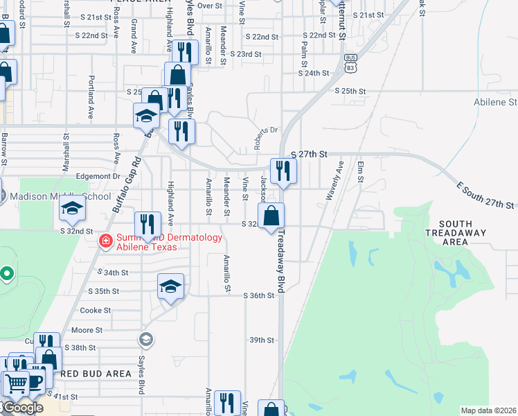map of restaurants, bars, coffee shops, grocery stores, and more near 1701 Edgemont Drive in Abilene