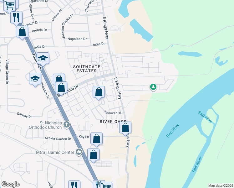 map of restaurants, bars, coffee shops, grocery stores, and more near 10035 Alondra Street in Shreveport