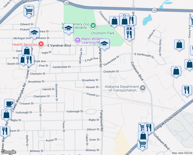 map of restaurants, bars, coffee shops, grocery stores, and more near 3713 Fairground Road in Montgomery