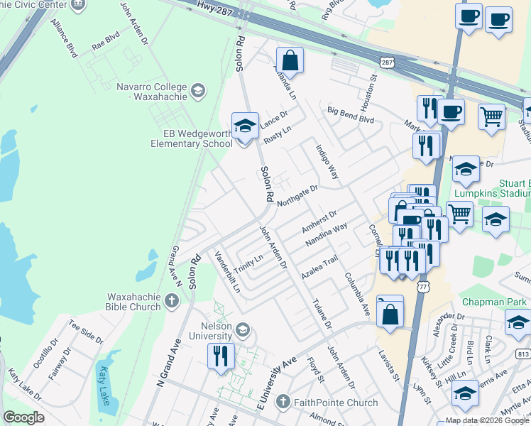 map of restaurants, bars, coffee shops, grocery stores, and more near 371 Solon Road in Waxahachie
