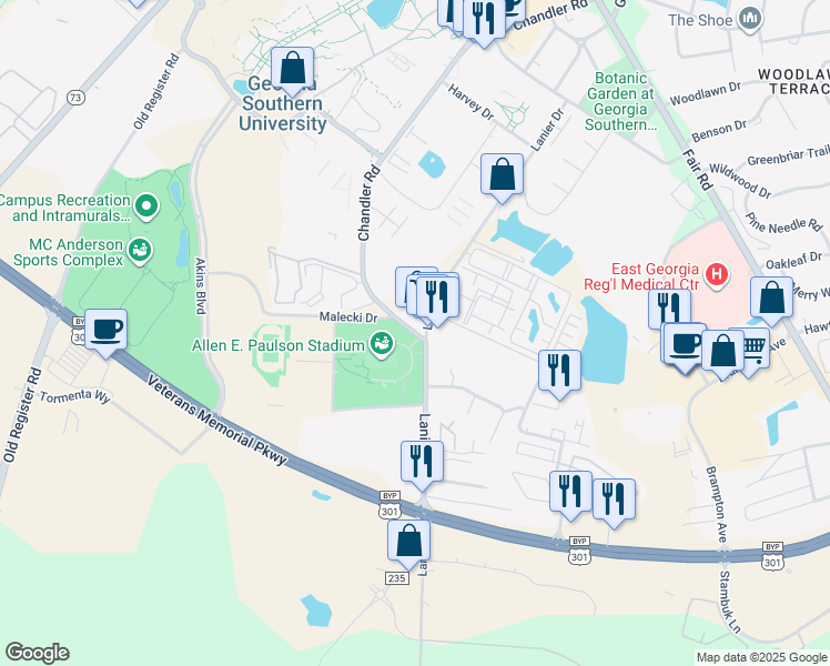 map of restaurants, bars, coffee shops, grocery stores, and more near 1899 Chandler Road in Statesboro
