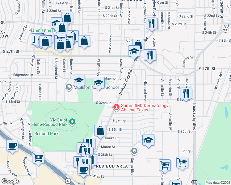 map of restaurants, bars, coffee shops, grocery stores, and more near 3050 Buffalo Gap Road in Abilene
