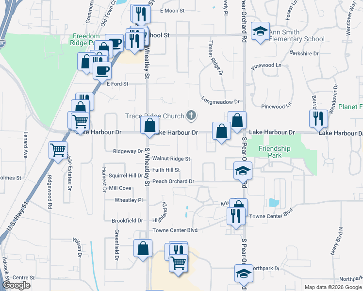 map of restaurants, bars, coffee shops, grocery stores, and more near 207 Lake Harbour Landing in Ridgeland