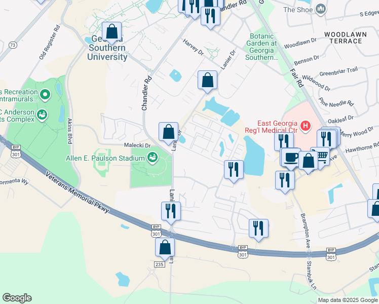 map of restaurants, bars, coffee shops, grocery stores, and more near 56 Stadium Walk Drive in Statesboro