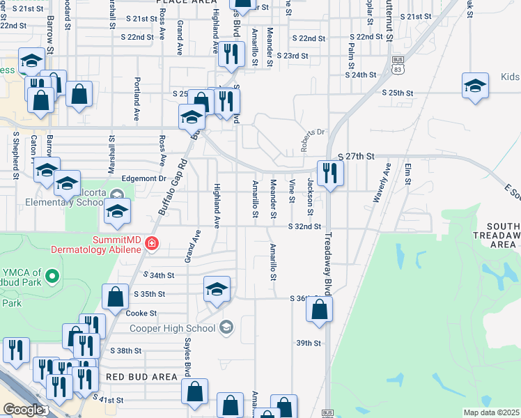 map of restaurants, bars, coffee shops, grocery stores, and more near 3026 Amarillo Street in Abilene