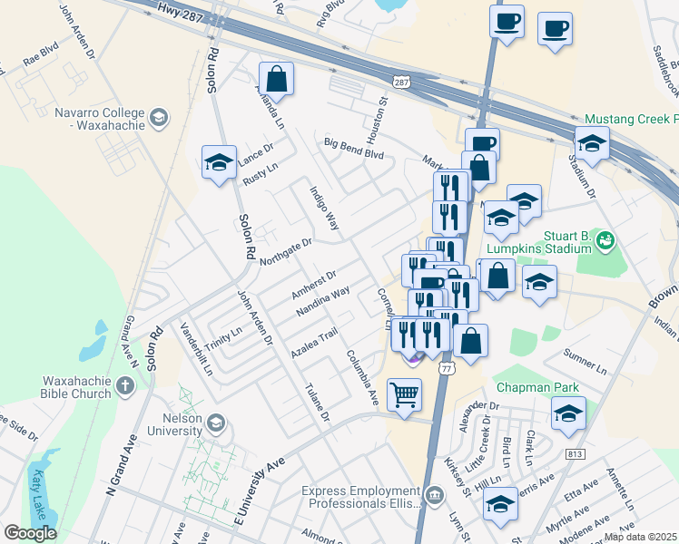 map of restaurants, bars, coffee shops, grocery stores, and more near 820 Nandina Way in Waxahachie