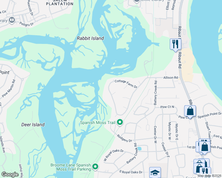 map of restaurants, bars, coffee shops, grocery stores, and more near 360 Cottage Farm Drive in Beaufort
