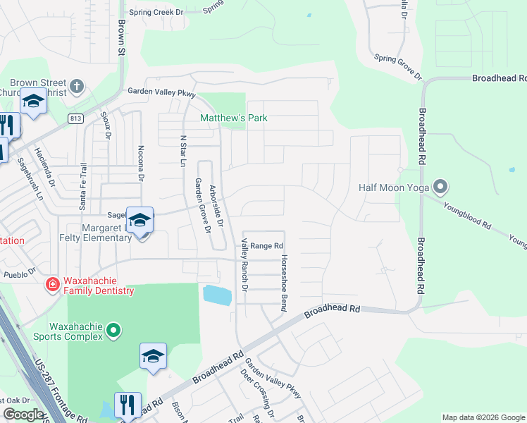 map of restaurants, bars, coffee shops, grocery stores, and more near 328 Western Sky Lane in Waxahachie