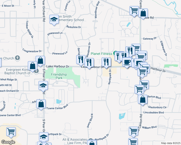map of restaurants, bars, coffee shops, grocery stores, and more near 655 Lake Harbour Drive in Ridgeland