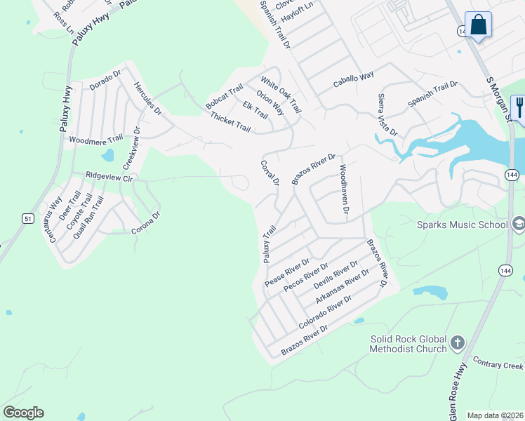 map of restaurants, bars, coffee shops, grocery stores, and more near 1113 Boot Trail Court in Granbury