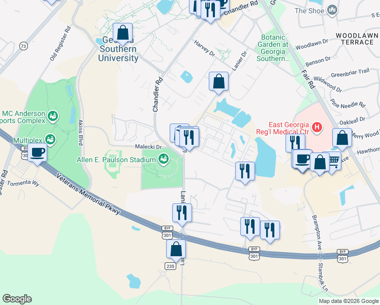 map of restaurants, bars, coffee shops, grocery stores, and more near 200 Lanier Drive in Statesboro