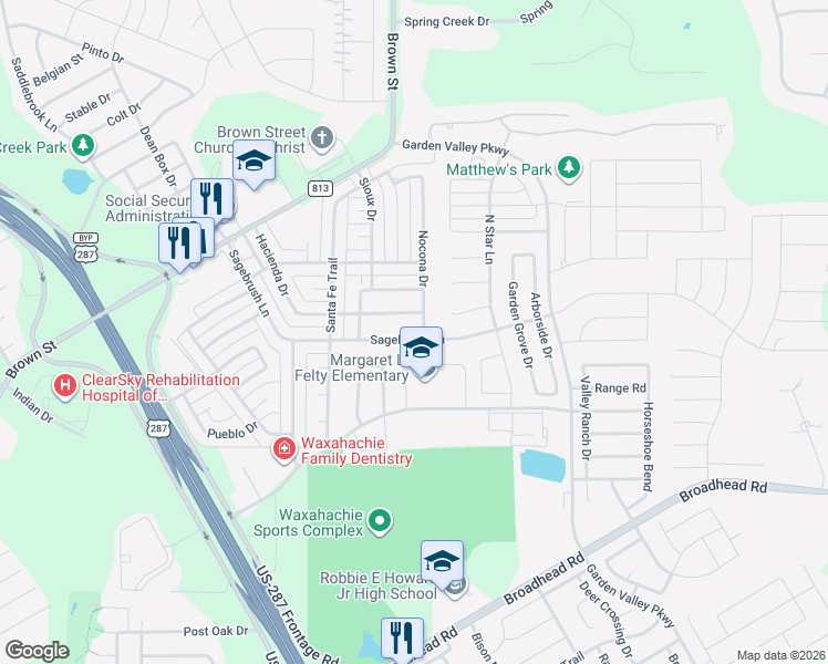 map of restaurants, bars, coffee shops, grocery stores, and more near 326 Hacienda Drive in Waxahachie