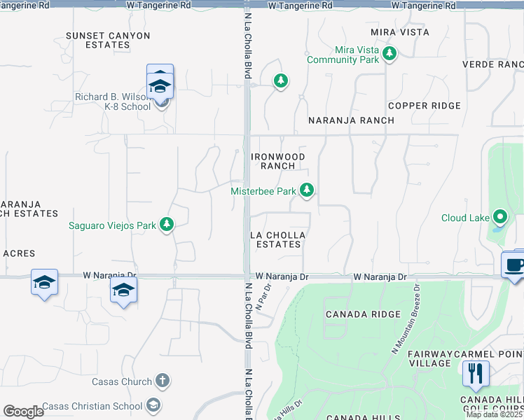 map of restaurants, bars, coffee shops, grocery stores, and more near 2072 West Arizona Rose Drive in Oro Valley