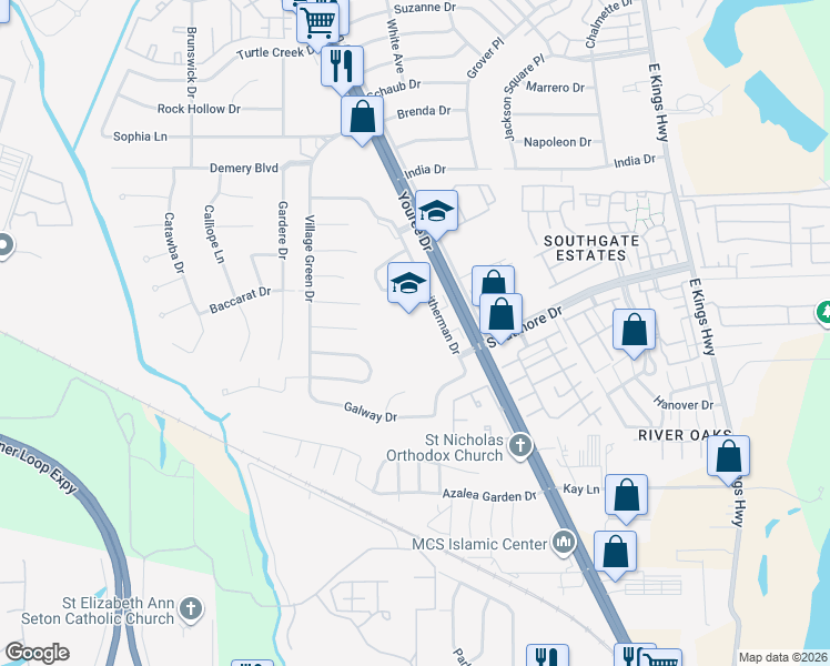 map of restaurants, bars, coffee shops, grocery stores, and more near 9900 Smitherman Drive in Shreveport